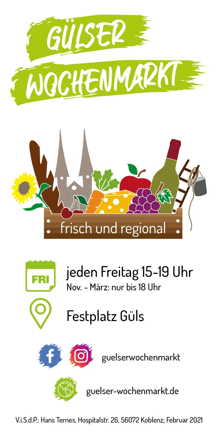 Plakat Gülser Wochenmarkt: jeden Freitag, Festplatz Güls